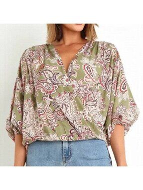 Petal & Pup Top size M/L Olive Paisley Rayon Overlay 3/4 Sleeve Blouse NWT